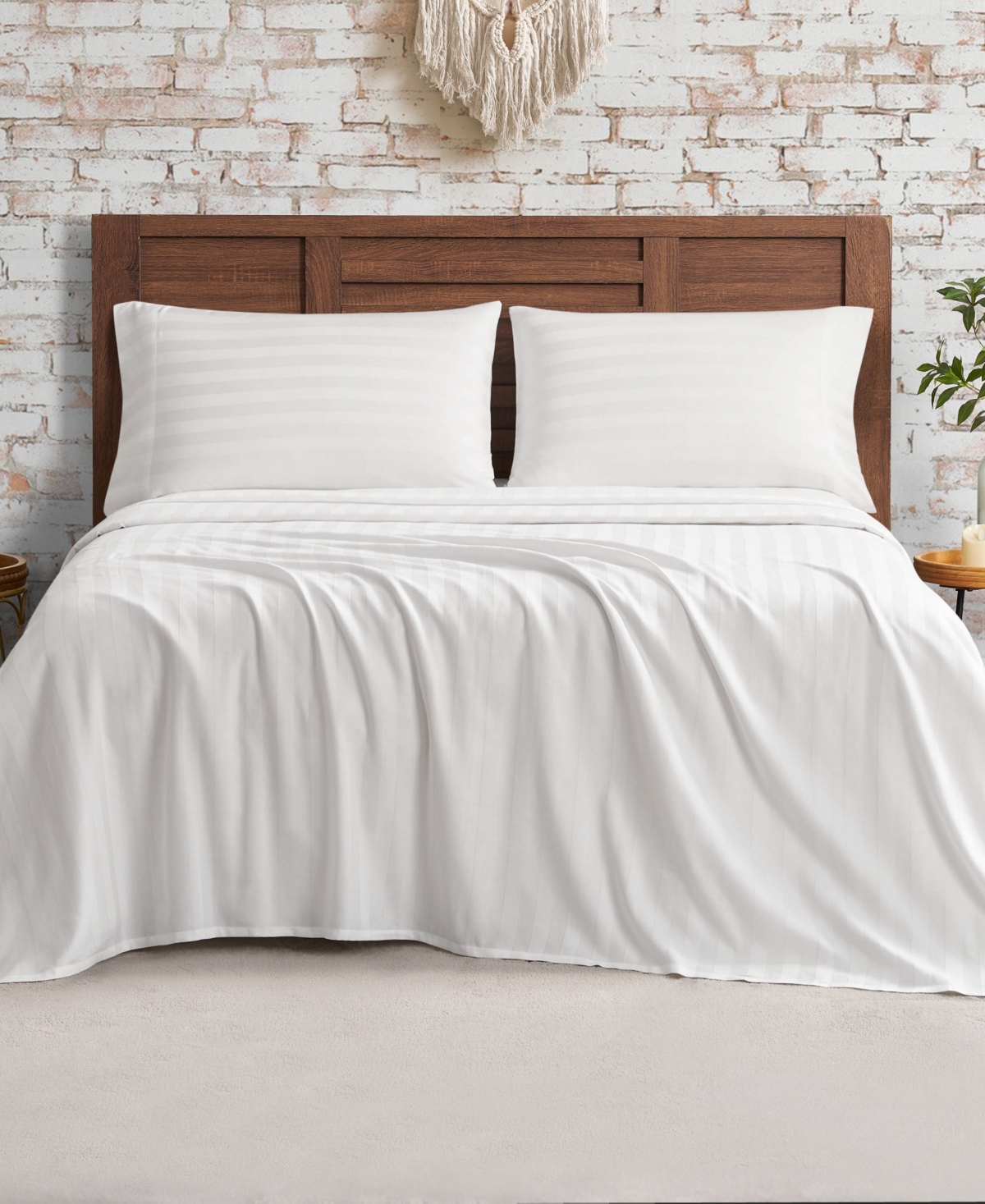 French Connection Damask Stripe 300-thread Count Cotton Sateen 3-pc. Sheet Set, Twin In White