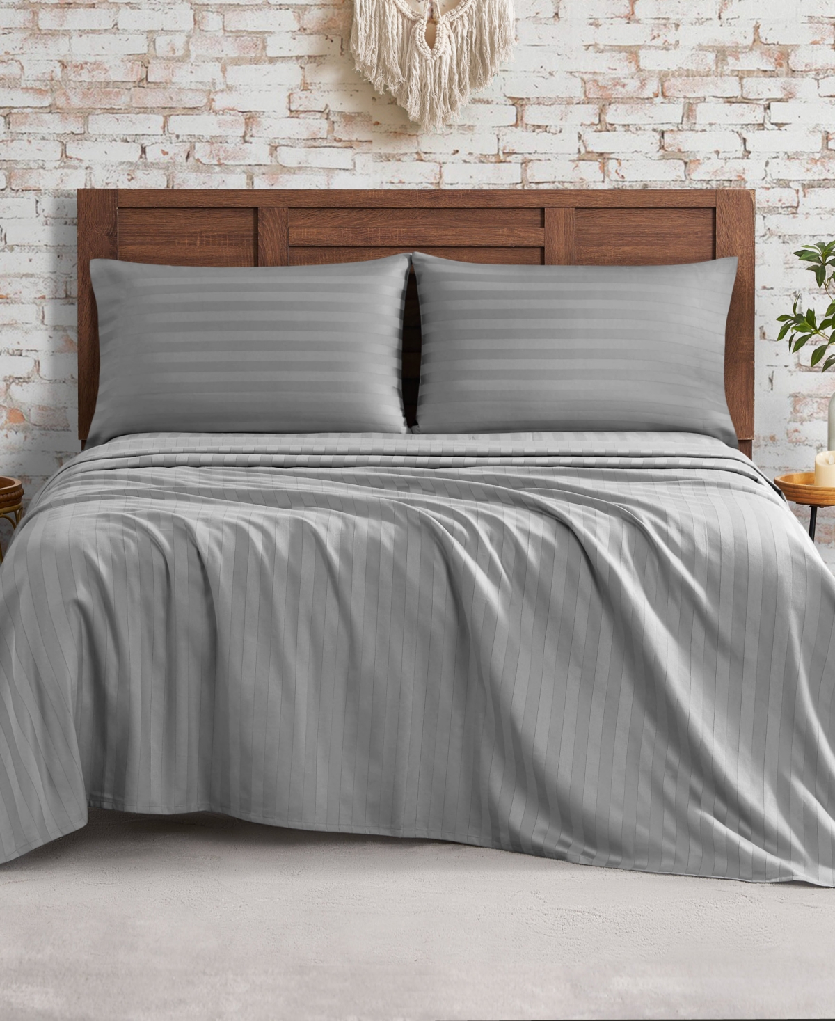 French Connection Damask Stripe 300-thread Count Cotton Sateen 3-pc. Sheet Set, Twin In Gray