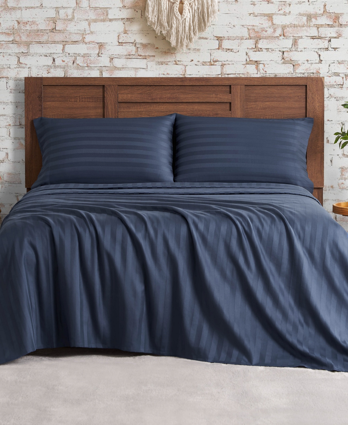 French Connection Damask Stripe 300-thread Count Cotton Sateen 4-pc. Sheet Set, Full In Navy