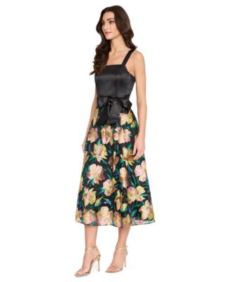 Women's Satin Tie-Waist Floral-Embroidered Dress