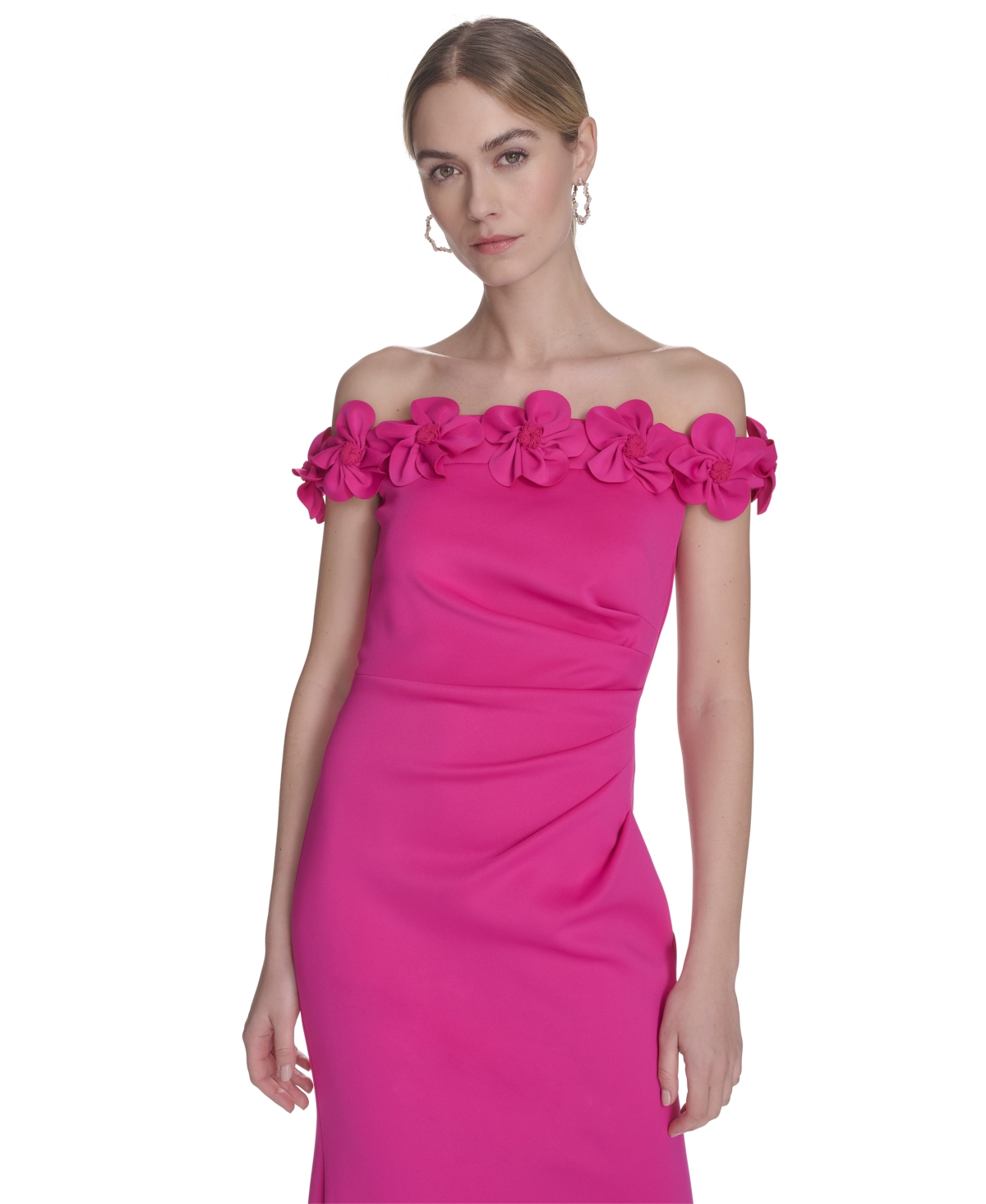 ELIZA J PETITE ROSETTE-TRIM-OFF-SHOULDER STRAPLESS GOWN 