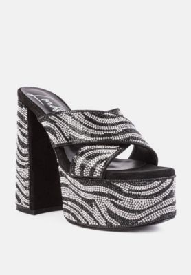 Sinful High Platform Patterned Diamante Slides sandals