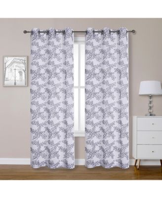 2 Piece Embroidered Ethan Floral Leaf Matte Sheer Grommet Top Curtain Panels - 84 in. Long - Gray
