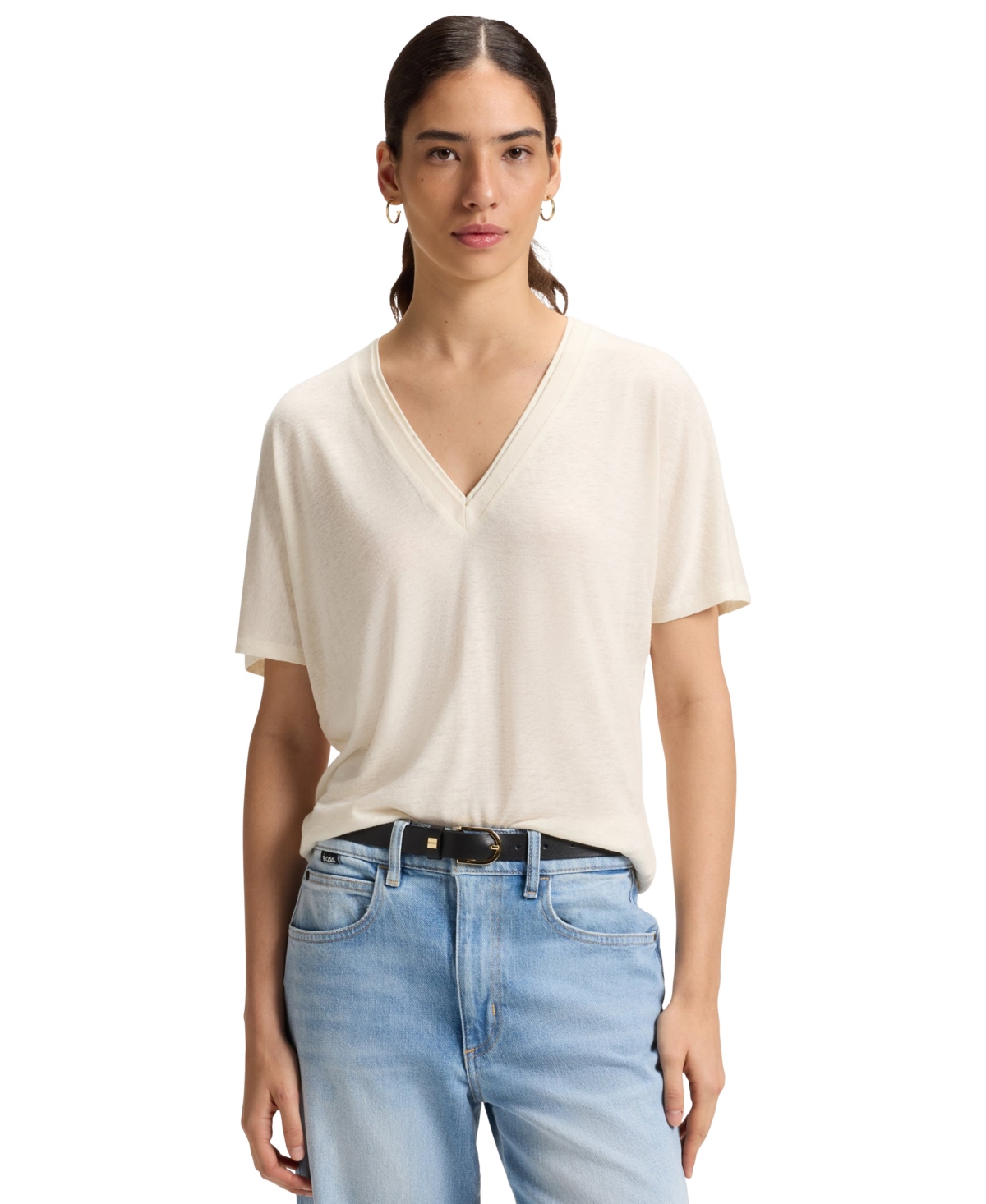 Hugo Boss V-neck T-shirt With Double B Monogram In Open White