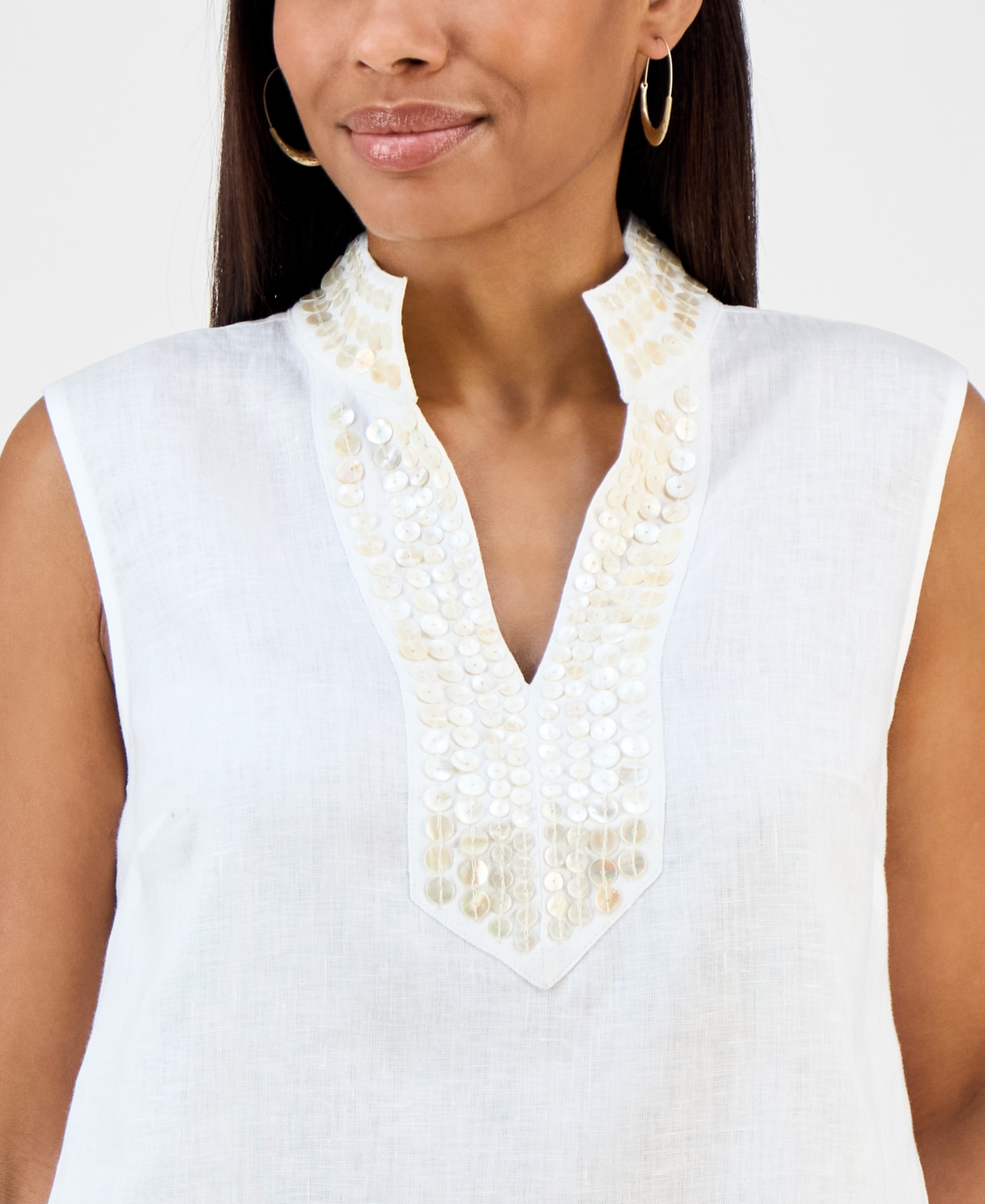 CHARTER CLUB WOMEN'S EMBELLISHED 100% LINEN TUNIC, EXCLUSIVELY AT MACY'S 
