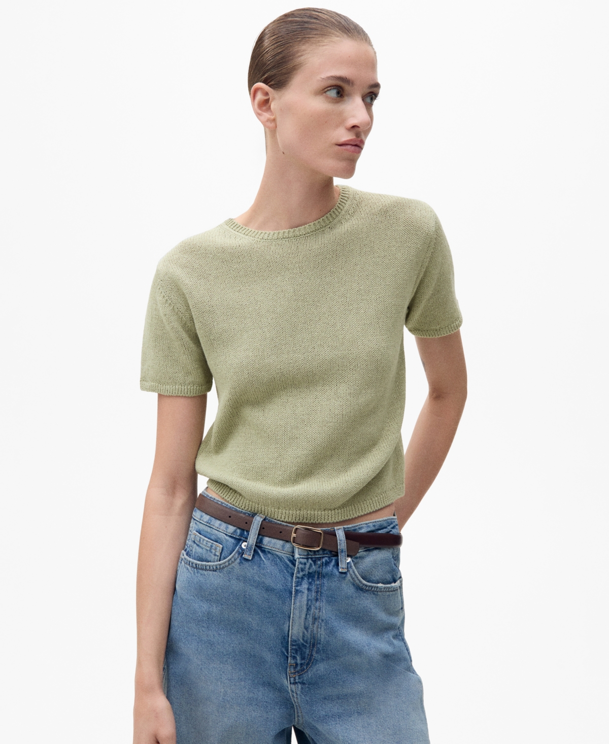 Mango Madeano Short Sleeve Crewneck Sweater In Aqua Green