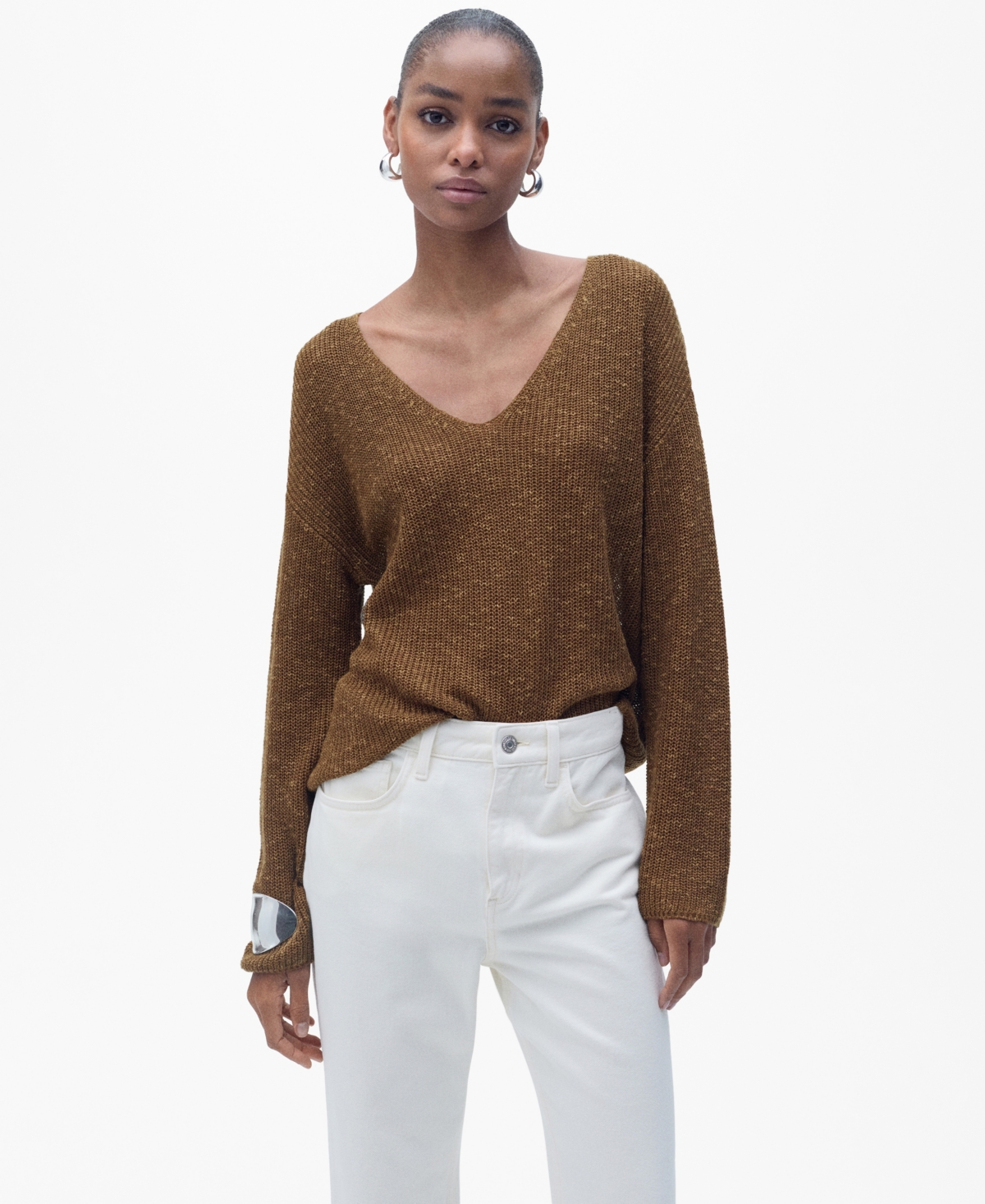 Women's V-Neck Knit Sweater - Brown