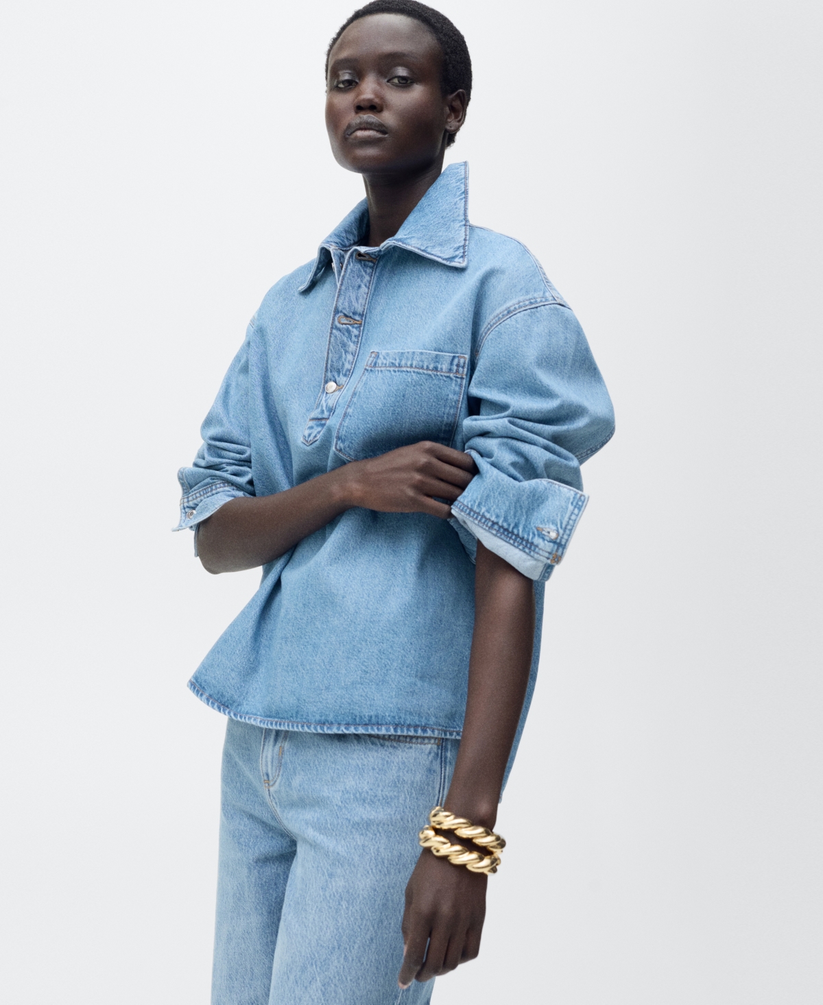 Shop Mango Women's Pocket Denim Blouse In Medium Blue