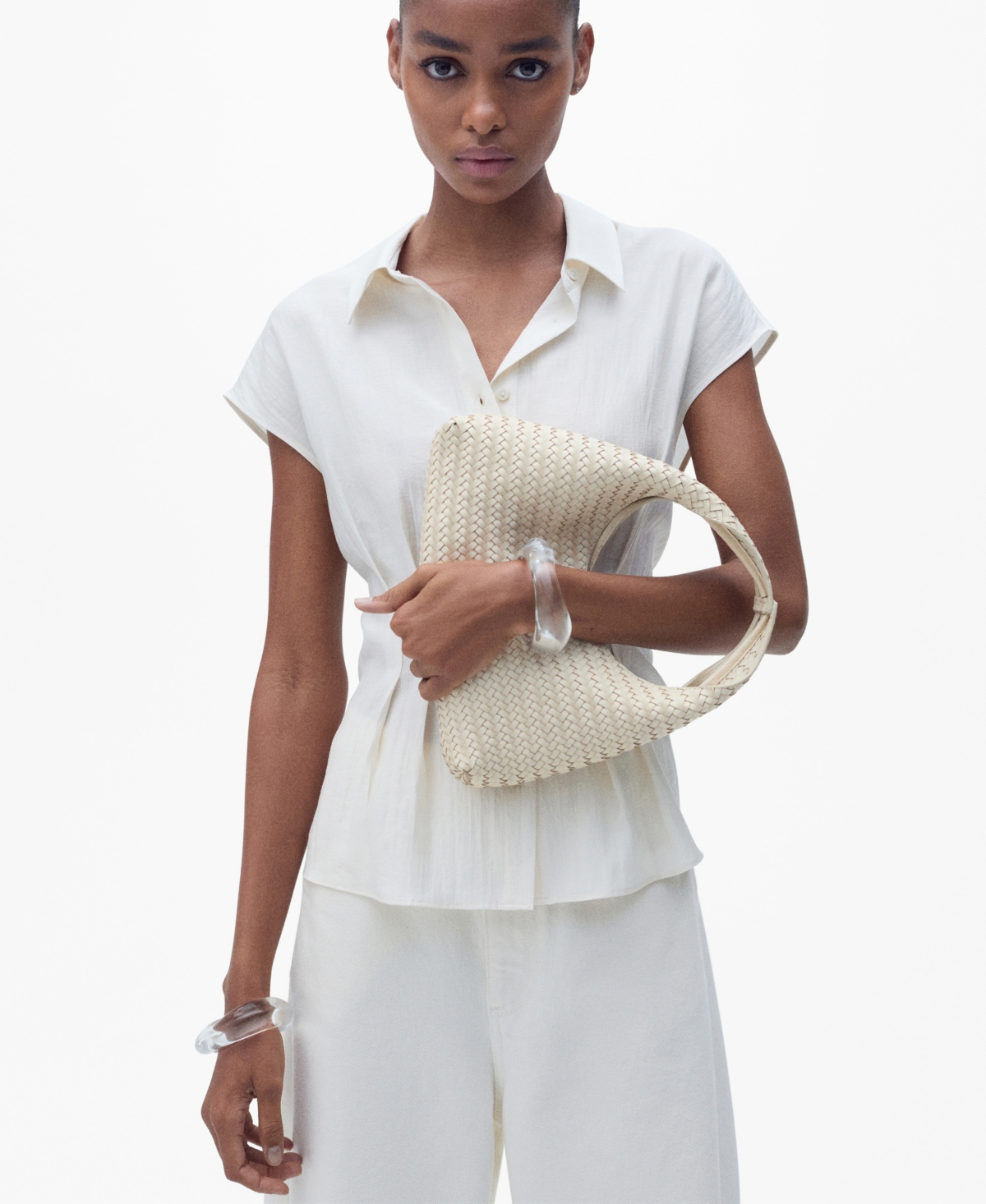 Women's Short Sleeve Pleated Shirt - Ecru