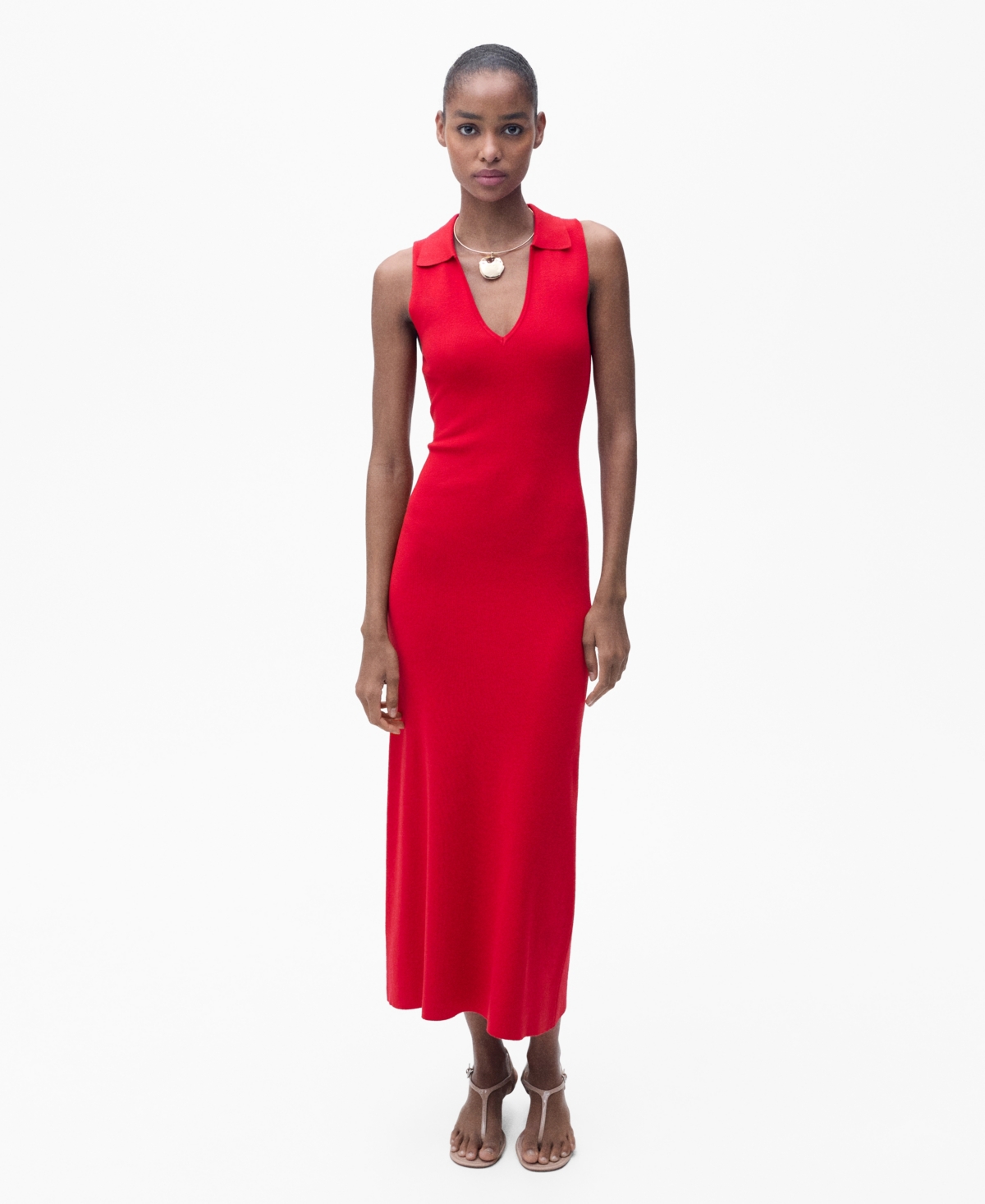 Shop Mango Women's Lapel Knitted Midi Dress In Red