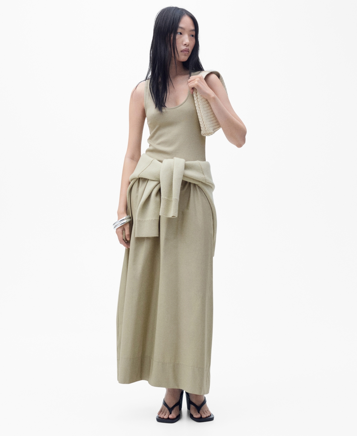 Shop Mango Women's Combined Fabric Flared Dress In Khaki