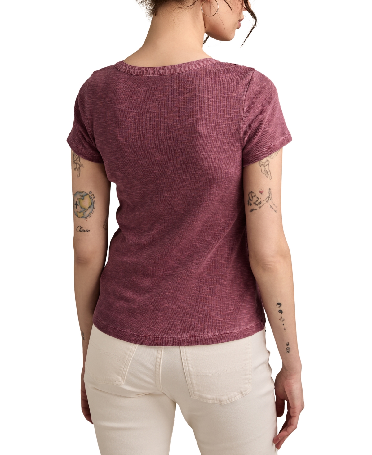 Lucky Brand Cutwork Cotton Henley In Burgundy