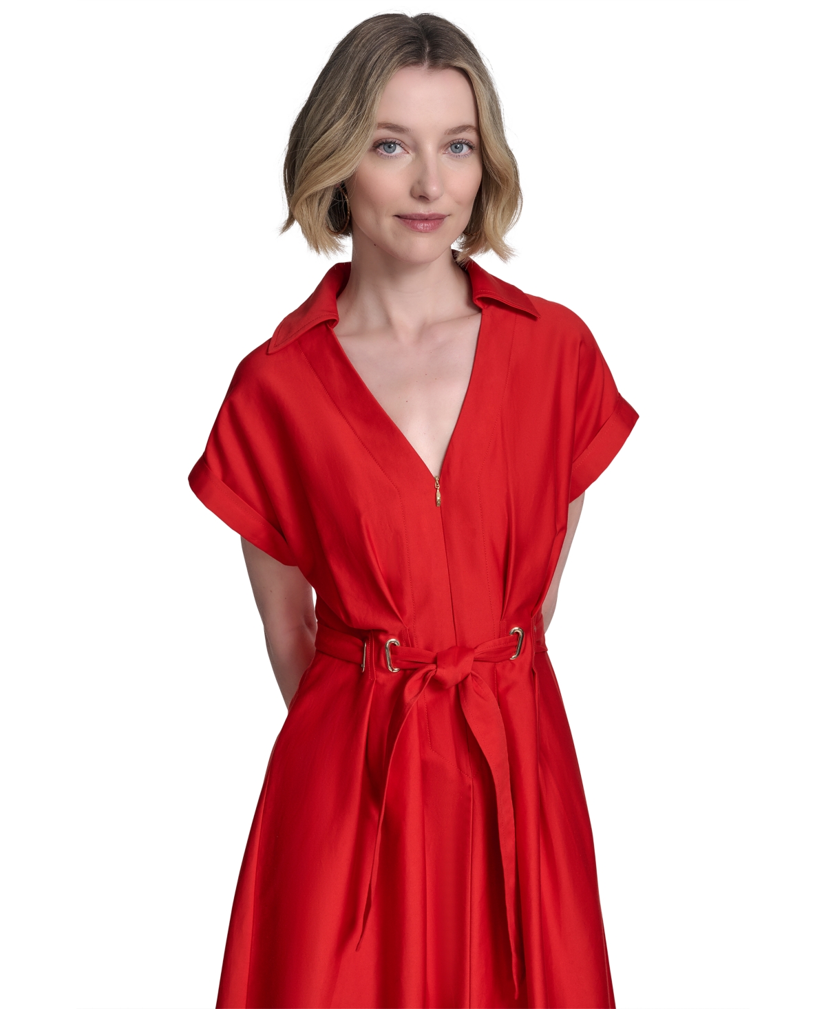 HALSTON WOMEN'S ZIP-FRONT CUFFED-SLEEVE MIDI DRESS 