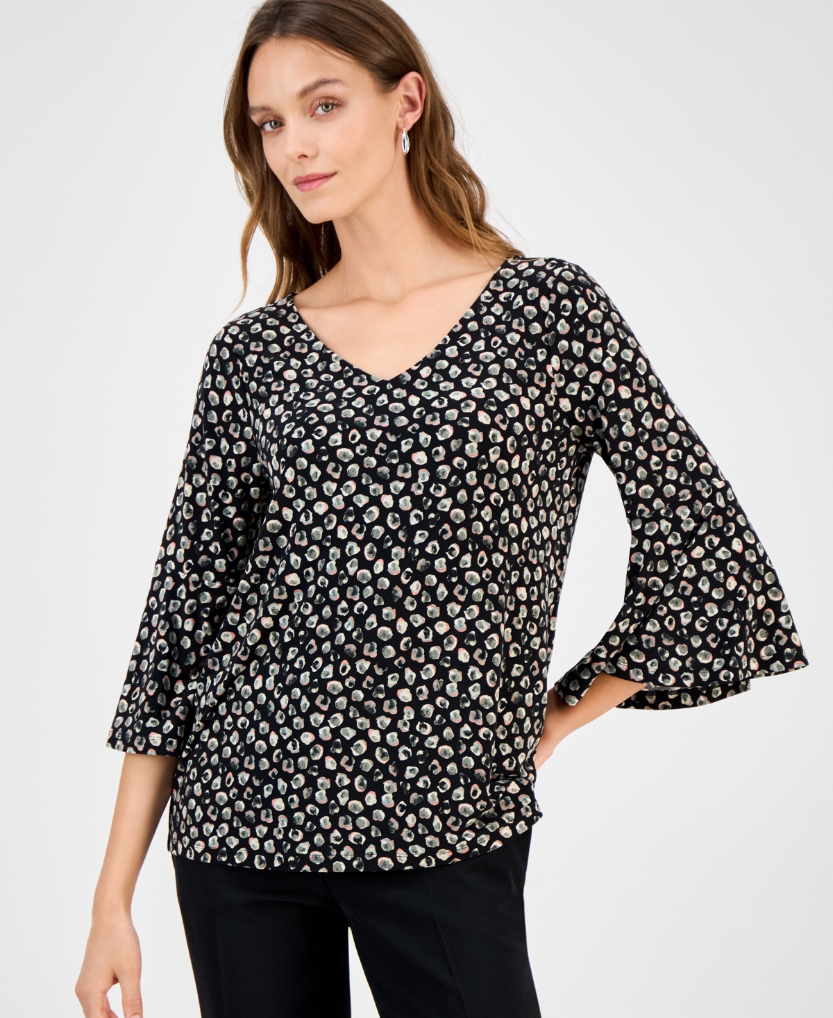 Women's Printed V-Neck Flare-Sleeve Top - Grafitti/ivory