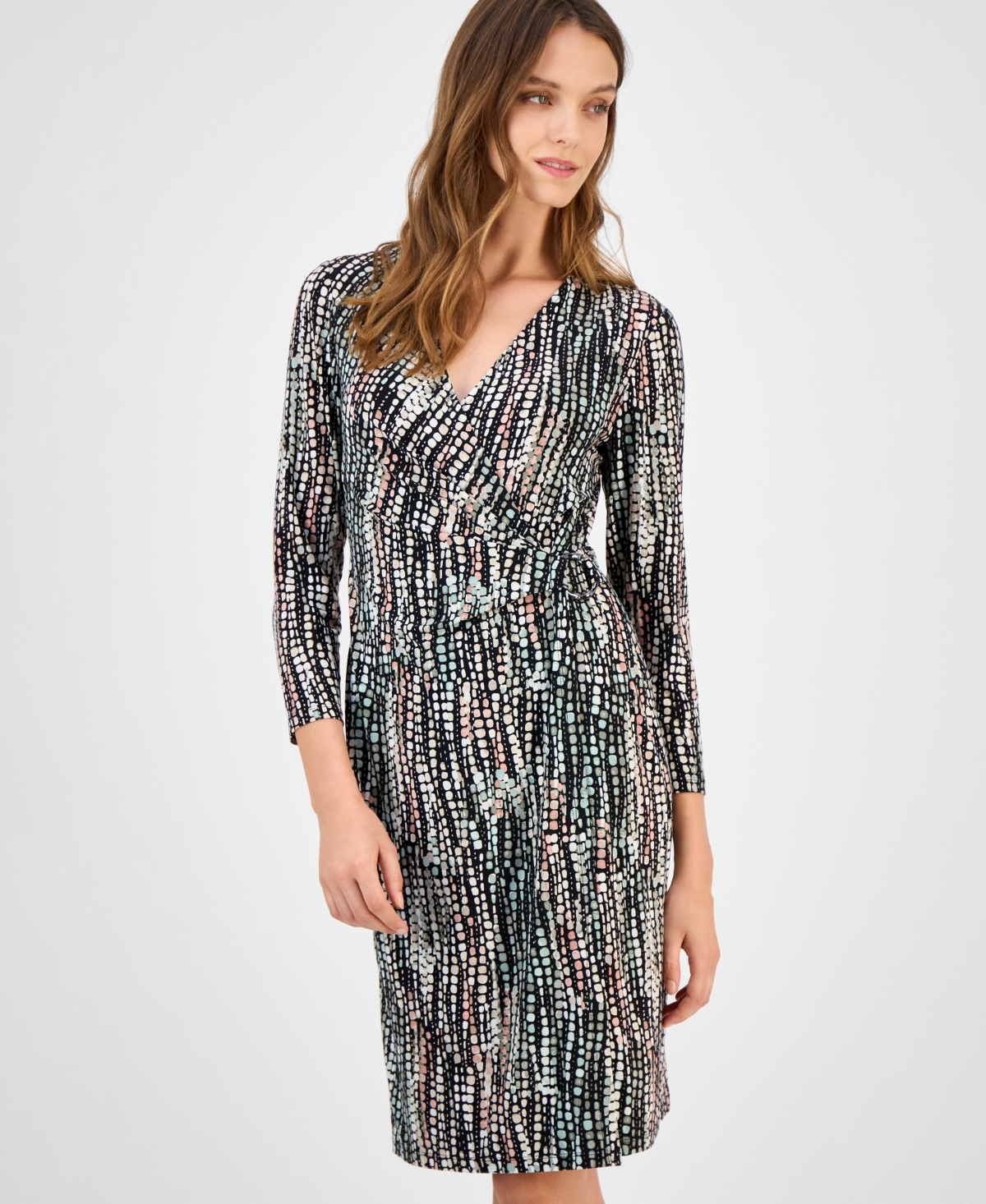 Kasper Women's Printed Long-sleeve Faux-wrap Dress In Multi