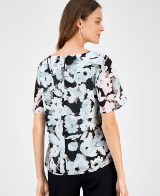 Women's Printed Swiss Dot Flutter-Sleeve Blouse