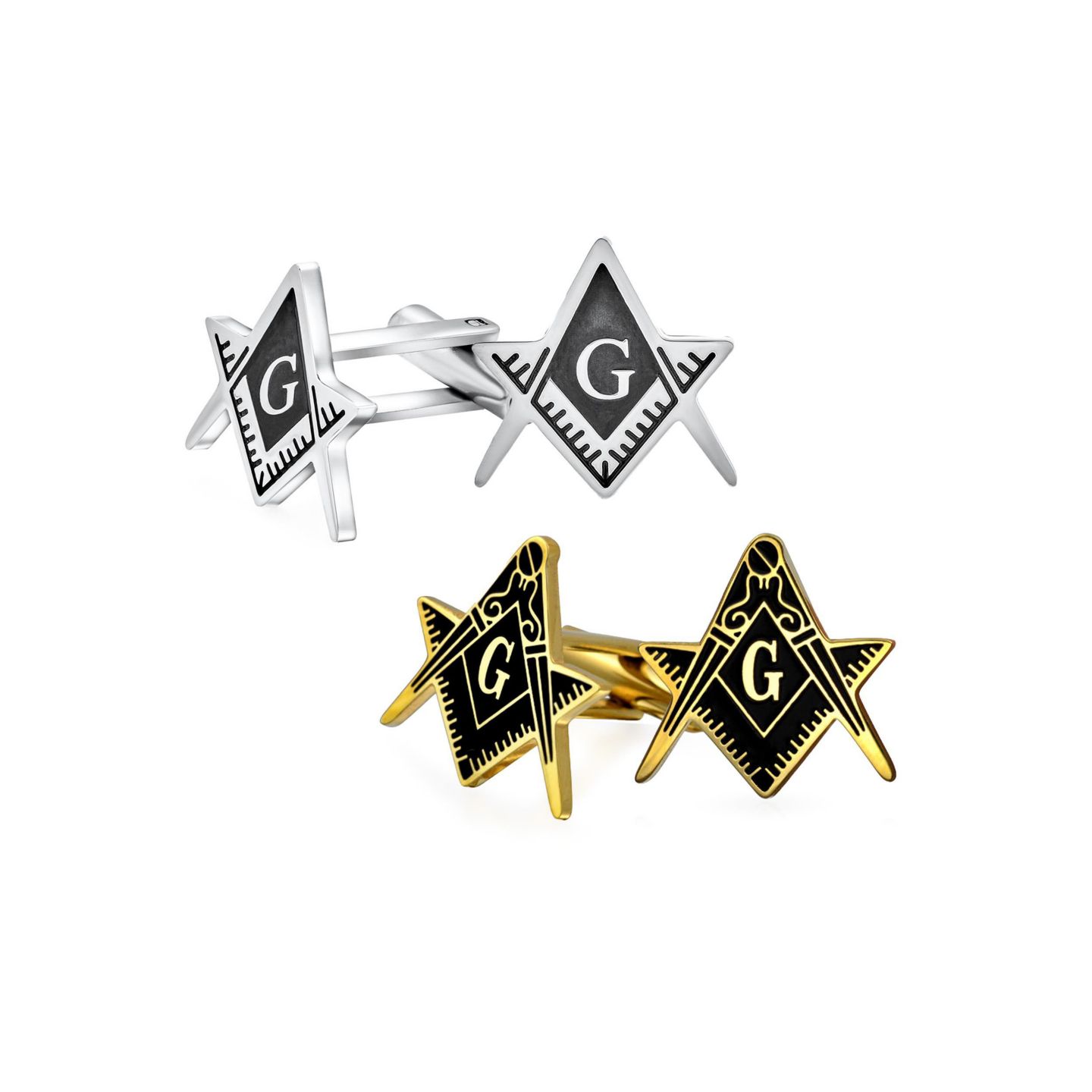 Мужские запонки Bling Jewelry Freemasons Compass Masonic Cufflinks Silver Gold Tone Stainless Steel Set-2, цвет: Золотой серебряный — фото 1