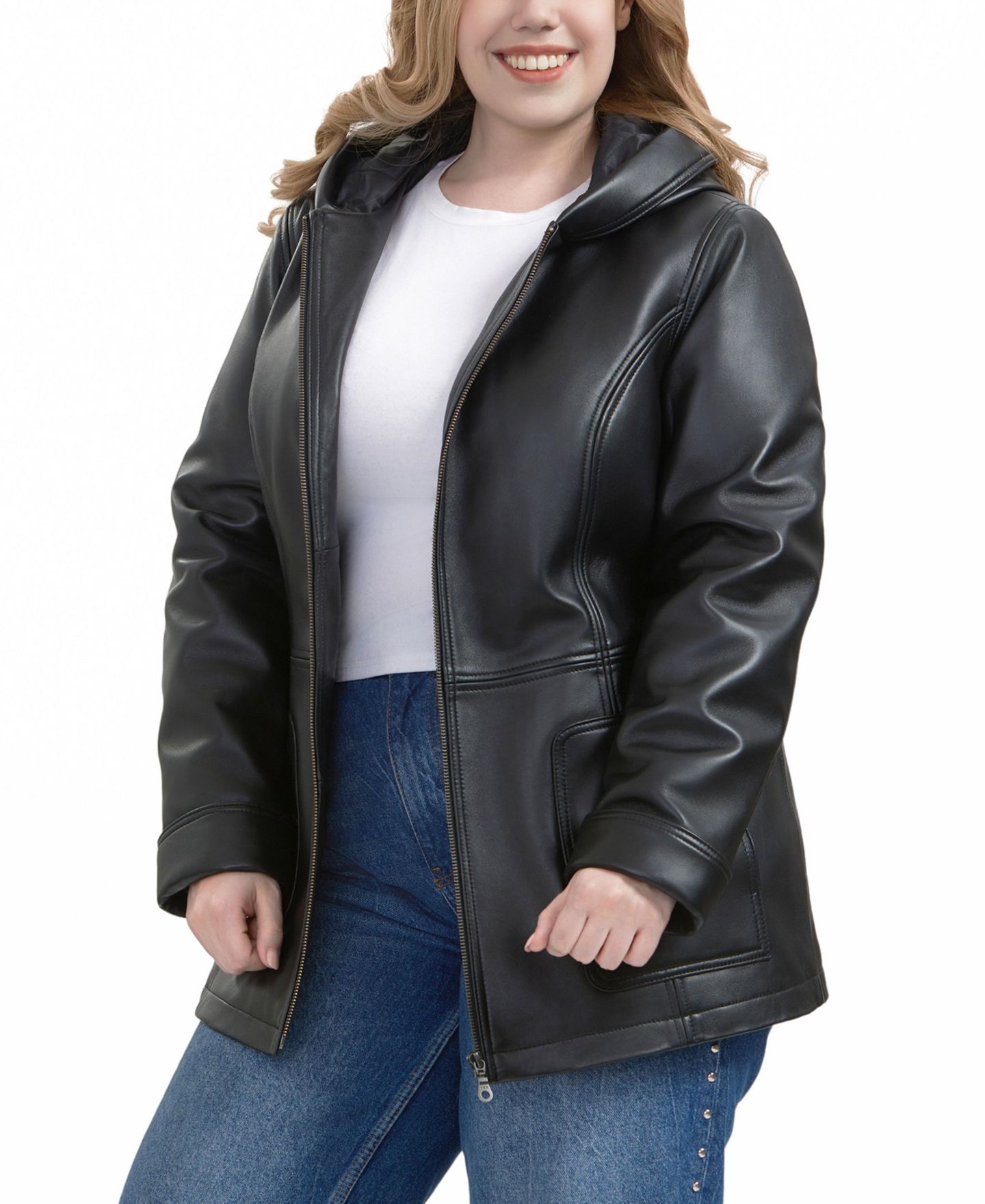Женское пальто BGSD Plus Size Cara Hooded Leather, цвет: Чёрный — фото 5