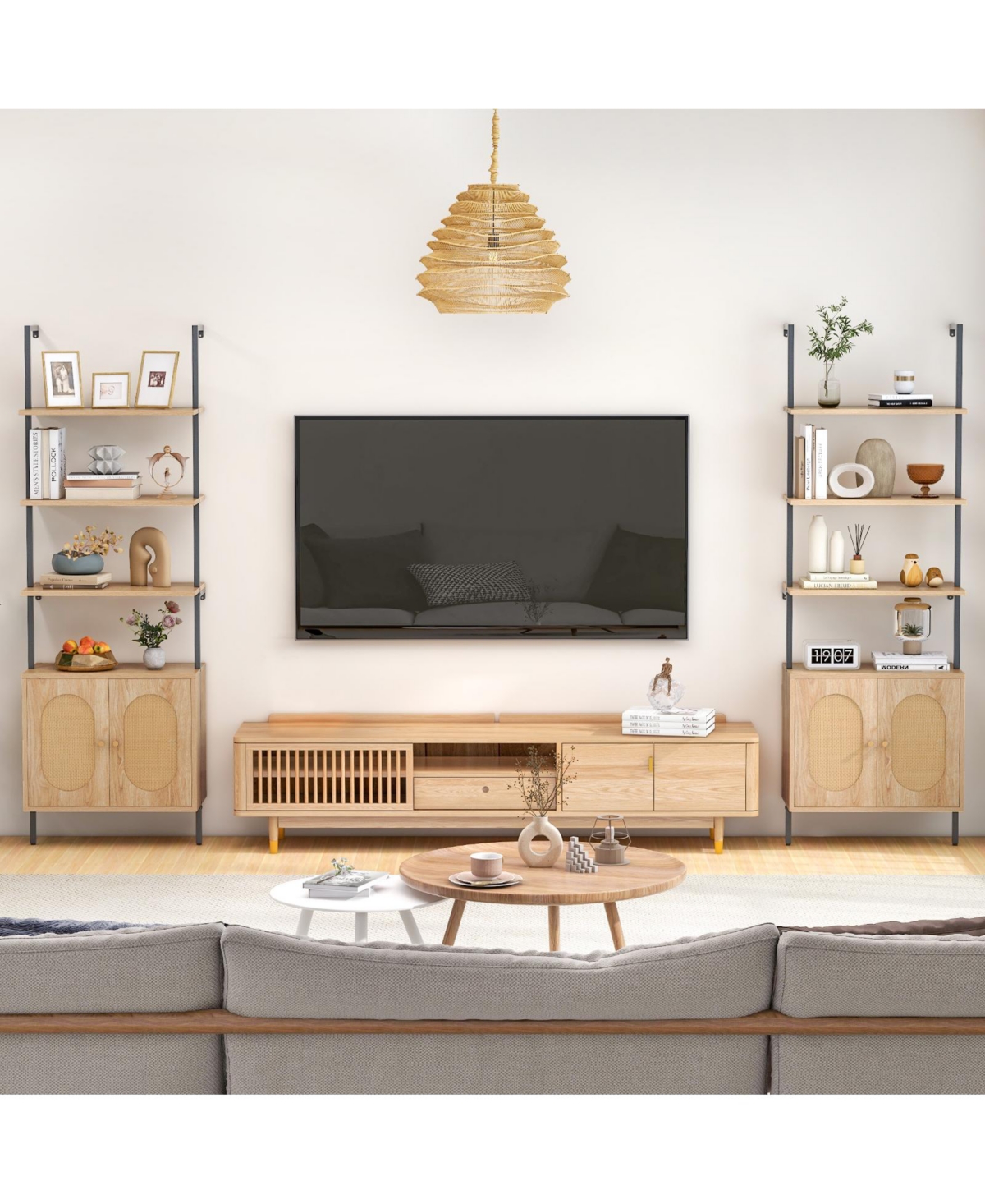 71 Inch 6-Tier Wall Mounted Ladder Bookshelf with Rattan Cabinet-Natural
