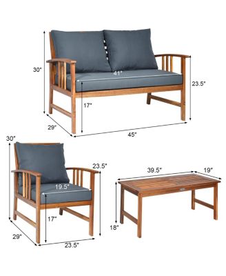 4PCS Wooden Patio Furniture Set Table Sofa Chair Cushioned Garden