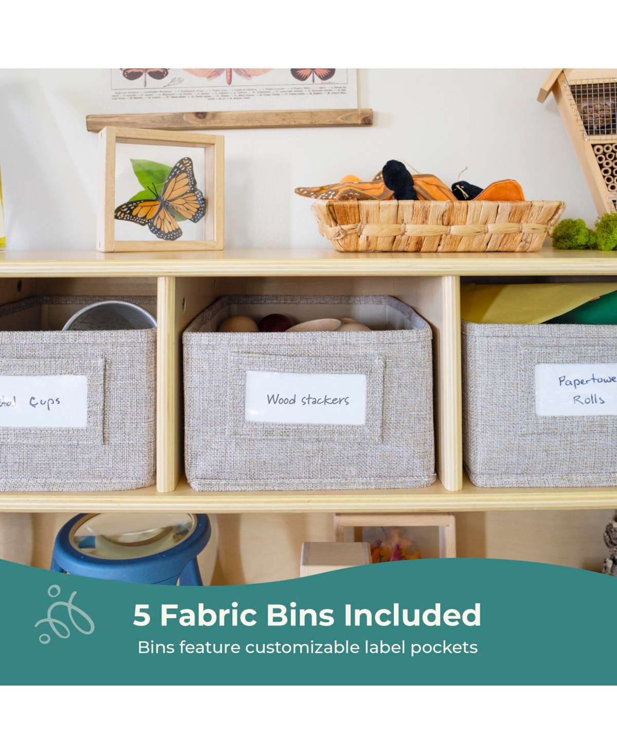 Guidecraft EdQ Shelves and 5 Bin Storage Unit 30" - Natural: Children's Wooden Toy Organizer for Kids' Bedrooms Playrooms