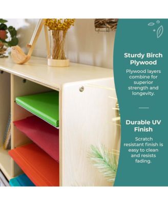 EdQ Shelves and 10 Bin Storage Unit 30" Natural: Wooden Bookcase with Compartments for Kids' Toys and Books in Playroom