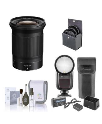 NIKKOR Z 20mm f/1.8 S Lens, Bundle with Flashpoint Zoom Li-on X R2 TTL On-Camera Round Flash Speedlight, 77mm Filter Kit, Cleaning Kit
