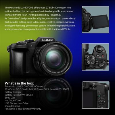 LUMIX DMC-G85 Mirrorless Camera w/12-60mm f/3.5-5.6 LUMIX G OIS Lens Bundle with Memory Card, Bag, Microphone, Tripod, Battery, Charger,