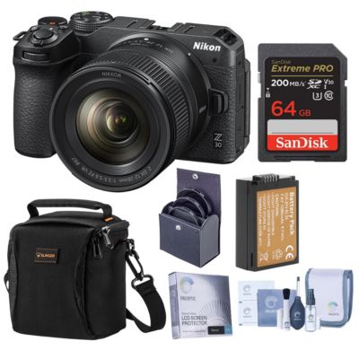 Z 30 Mirrorless Camera with NIKKOR Z DX 12-28mm f/3.5-5.6 PZ VR Lens, Bundle with 64GB Memory Card, Shoulder Bag, EN-EL25 Battery
