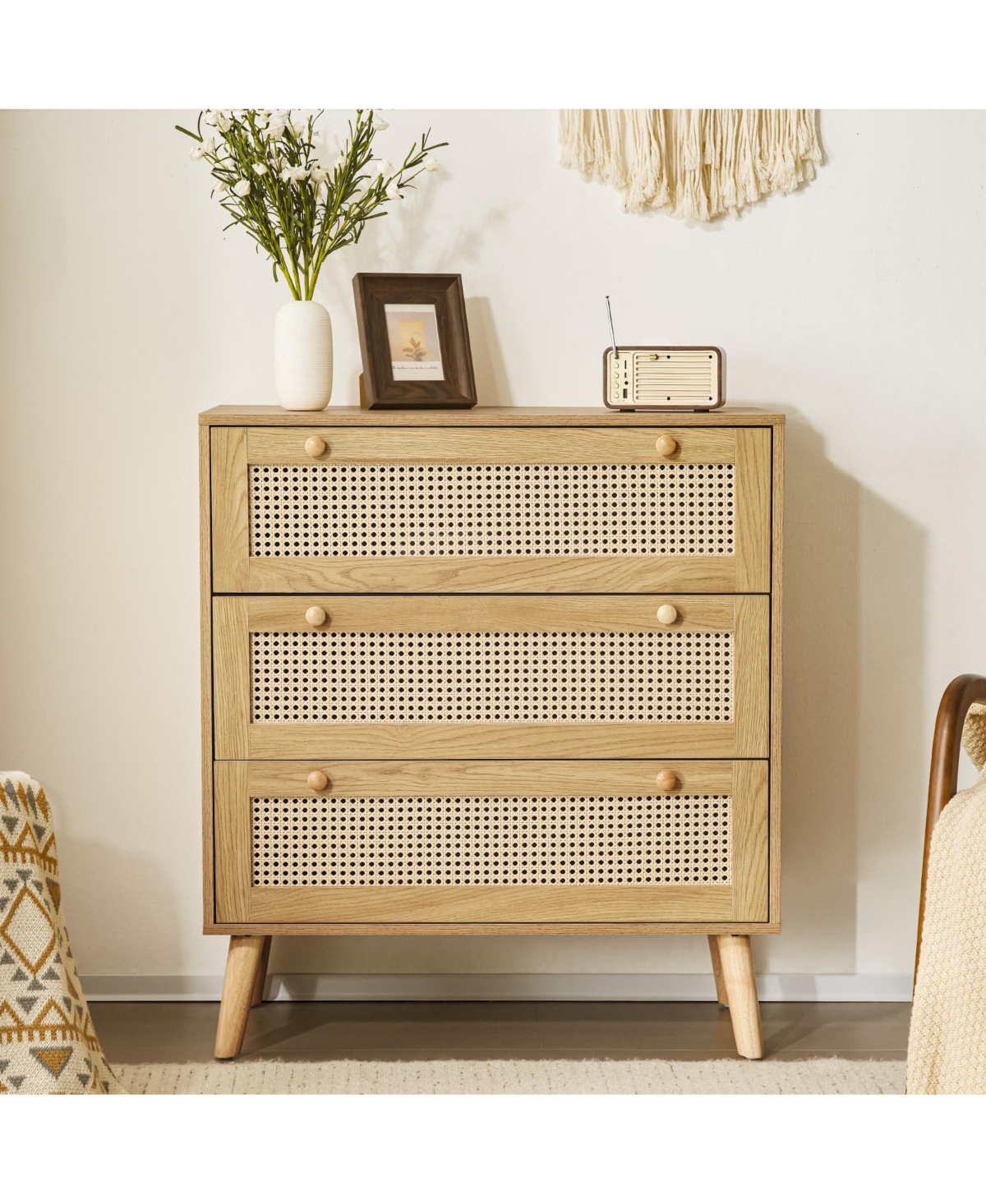 Modern 3-Drawer Rattan Dresser – Space-Saving Wooden Storage Chest for Bedroom, Living Room & Dorms