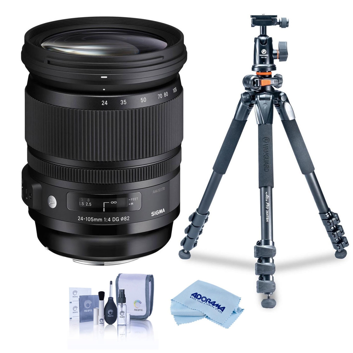 Sigma 24-105mm f/4.0 Dg Os Hsm Art Lens for Nikon F, Bundle with Vanguard Alta Pro 264AT Al Tripod Kit, Cleaning Kit, Cleaning Cloth
