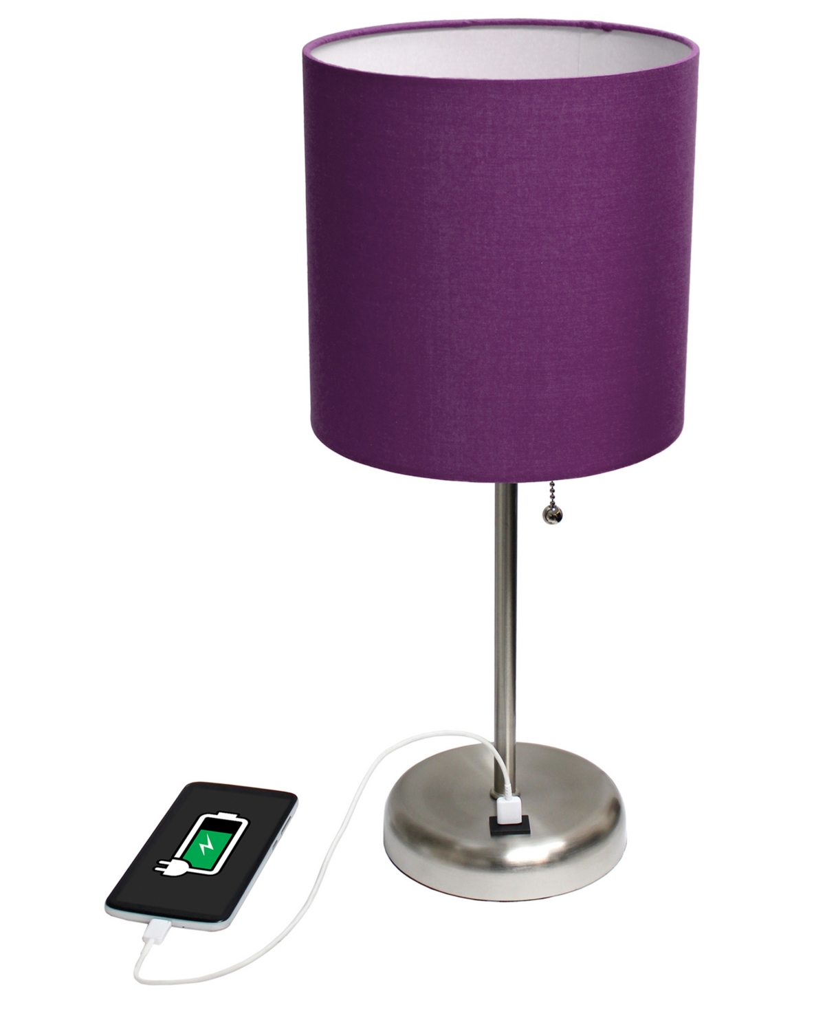Creekwood Home 19.5" Metal Oslo Contemporary Bedside Duo Table Lamp Set In Brushed Steel,purple Shade