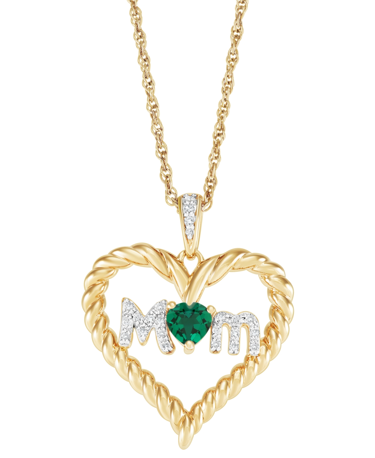 Macy's Lab-created Emerald (1/5 Ct. T.w.) & Diamond Accent Mom Heart Pendant Necklace In 14k Gold-plated St