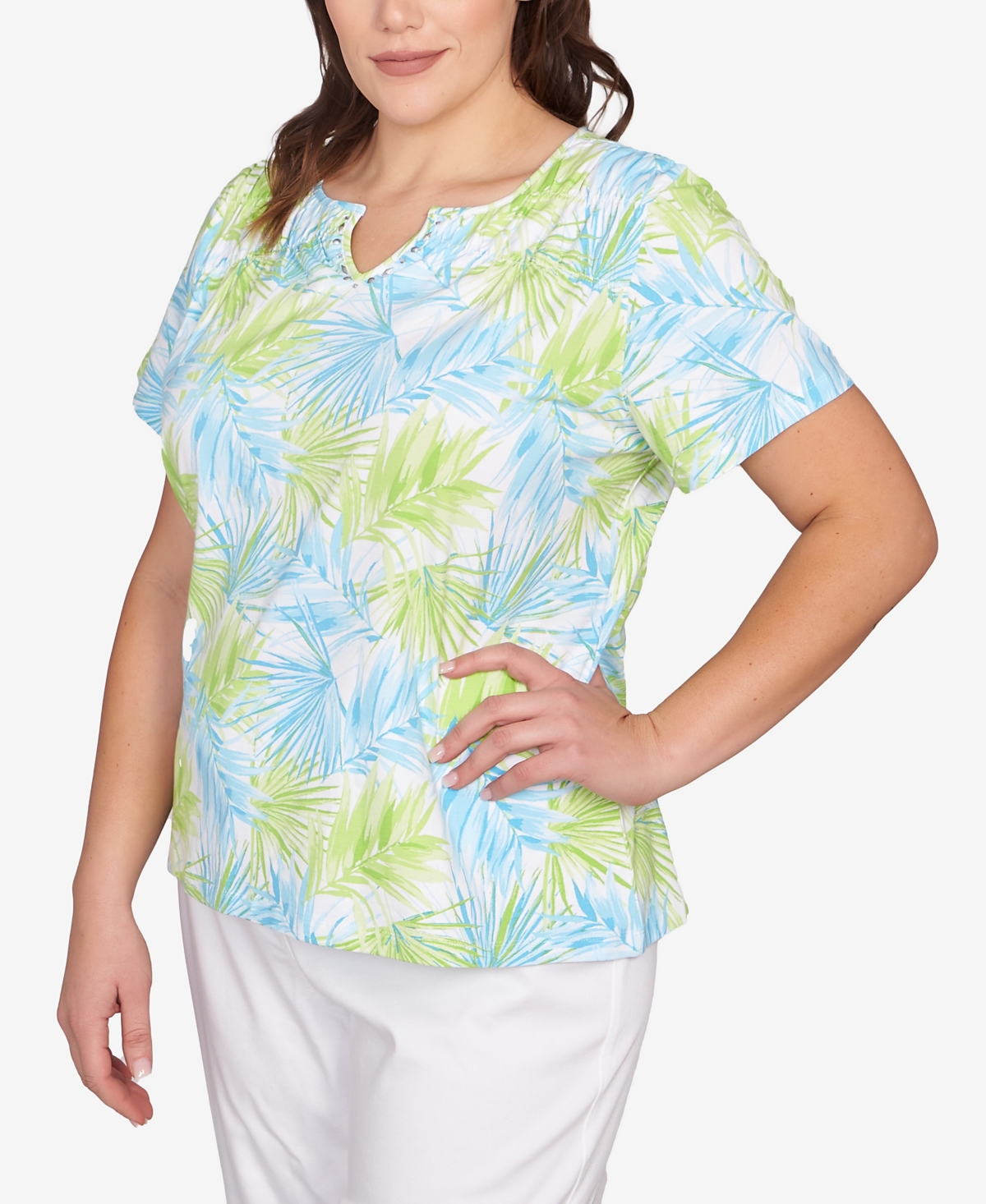 Hearts Of Palm Plus Size Short Sleeve Leaf Print Top In Bright Green Multi