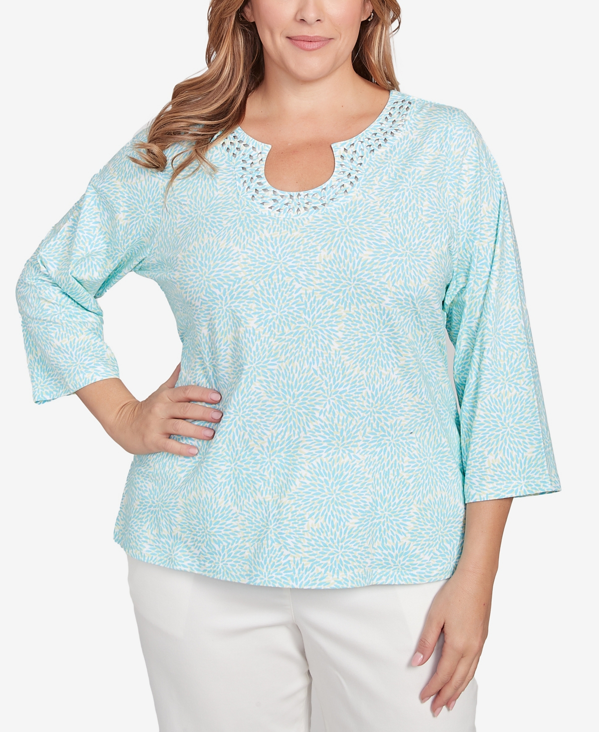Plus Size Three Quarter Sleeve Embellished Top - Ocean Blue Multi