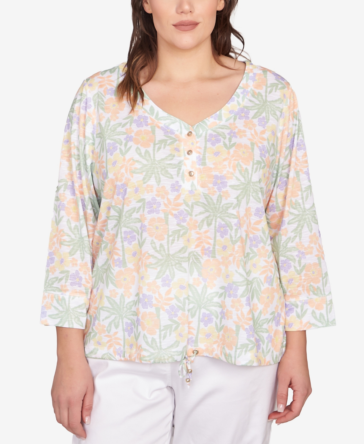 Plus Size Three Quarter Sleeve Drawstring Top - Light Green Multi