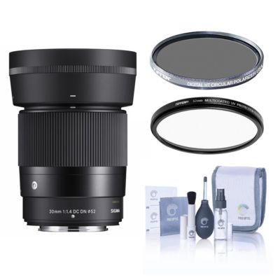 30mm f/1.4 DC DN Contemporary Lens for Fujifilm X, Bundle with Hoya NXT Plus 52mm UV+CPL Filter Kit, Cleaning Kit