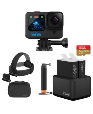 GoPro HERO12 Black Camera Bundle: Waterproof Action Cam with Dual Battery Charger, 2x Enduro Batteries, Adventure Kit, and 64GB Micro SD Card