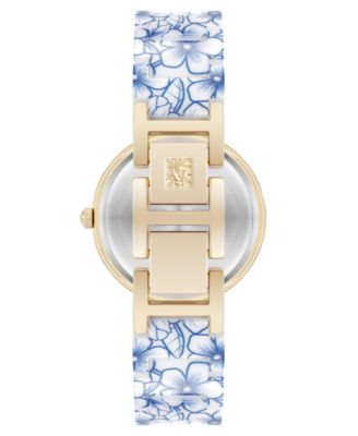 Women's Quartz Blue Flower Pattern Ceramic Bracelet Watch, 33mm