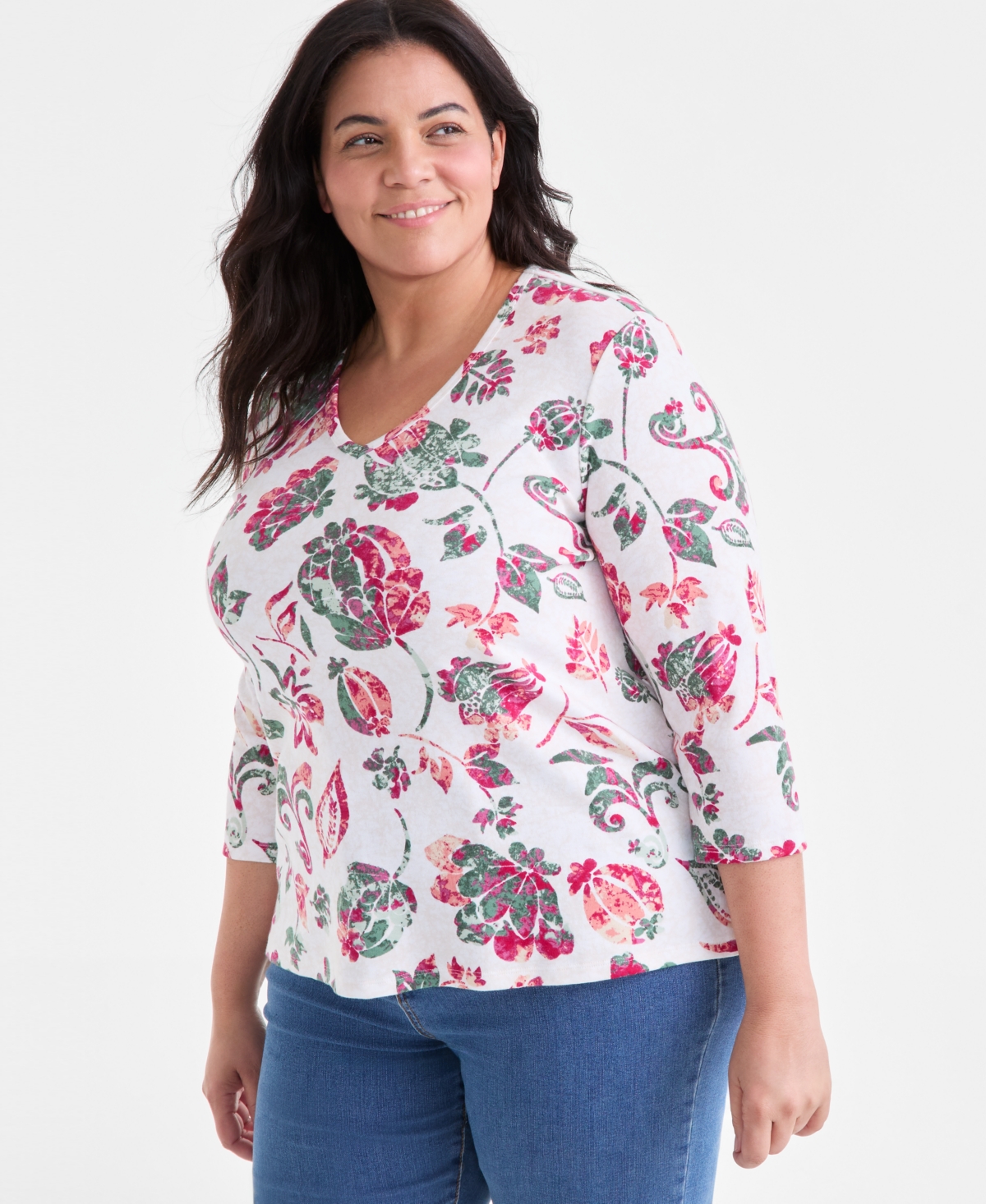 Plus Size Printed 3/4-Sleeve Top, Exclusively at Macy's - Clam Mint Combo