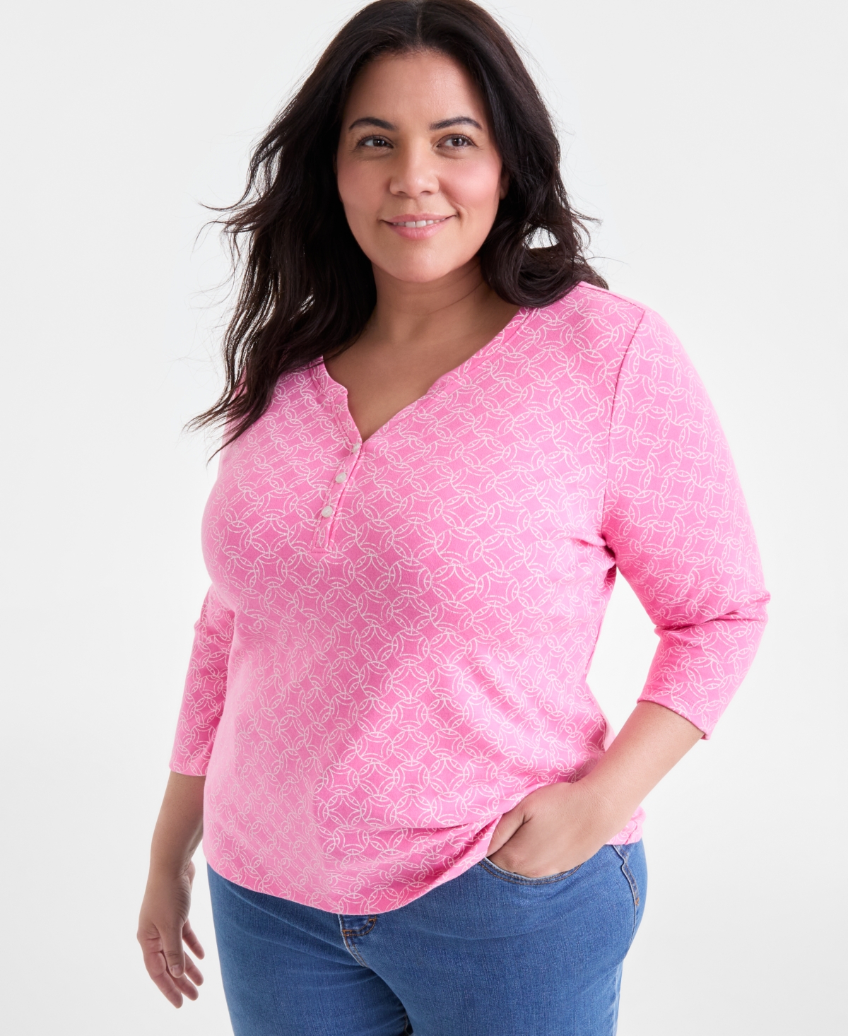 Style & Co Plus Size Printed 3/4-sleeve Henley Top, Exclusively At Macy's In Pink