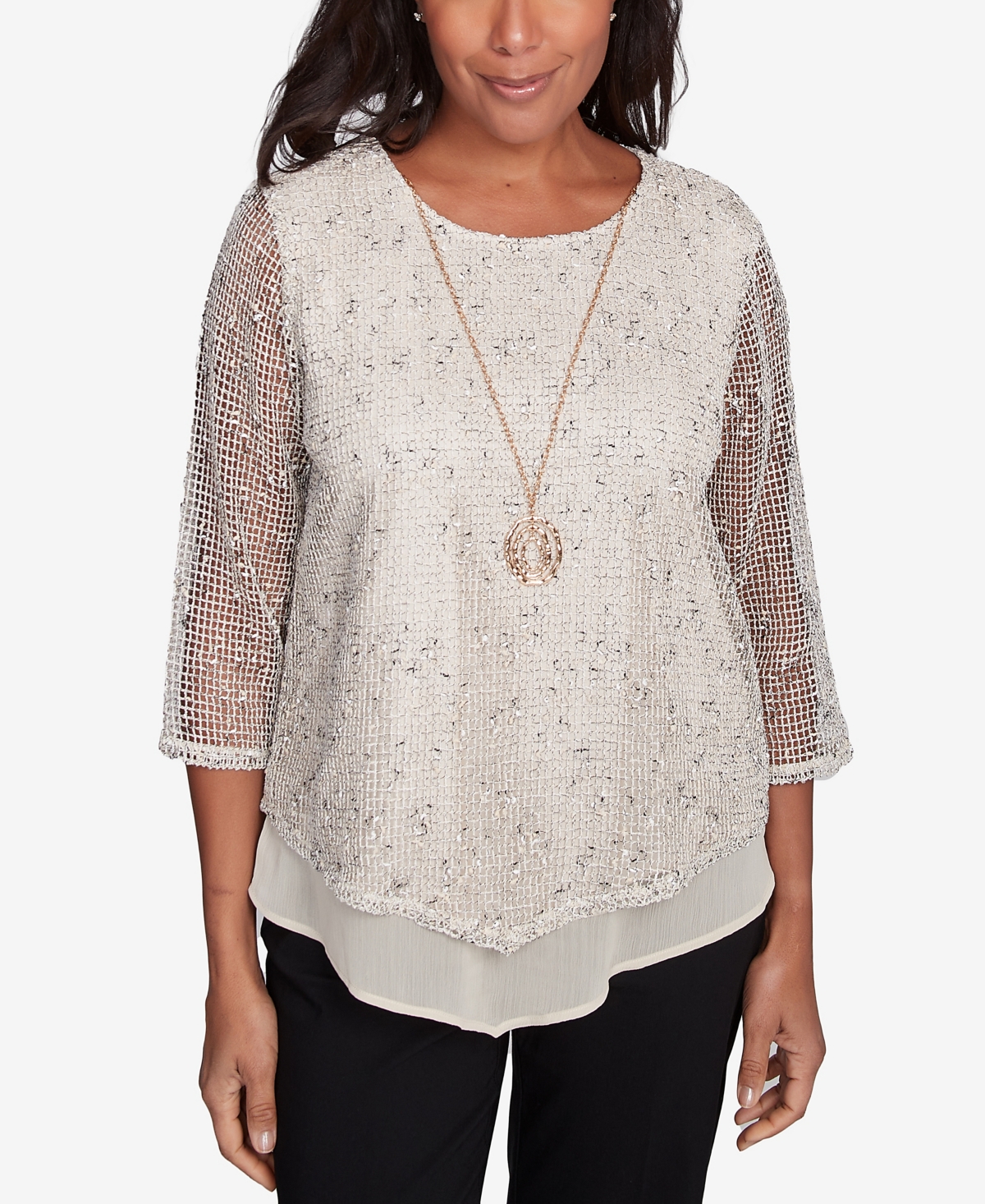 Petite Natural Instinct Popcorn Mesh Speckled Top With Necklace - Tan