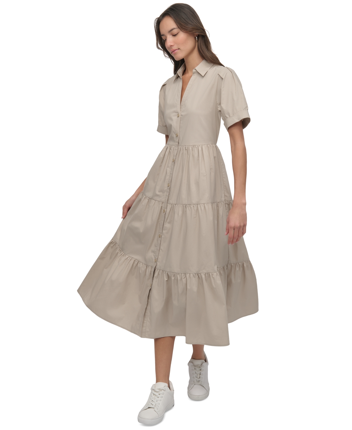 DKNY JEANS DKNY WOMEN'S PUFFED-SLEEVE TIERED SHIRTDRESS 