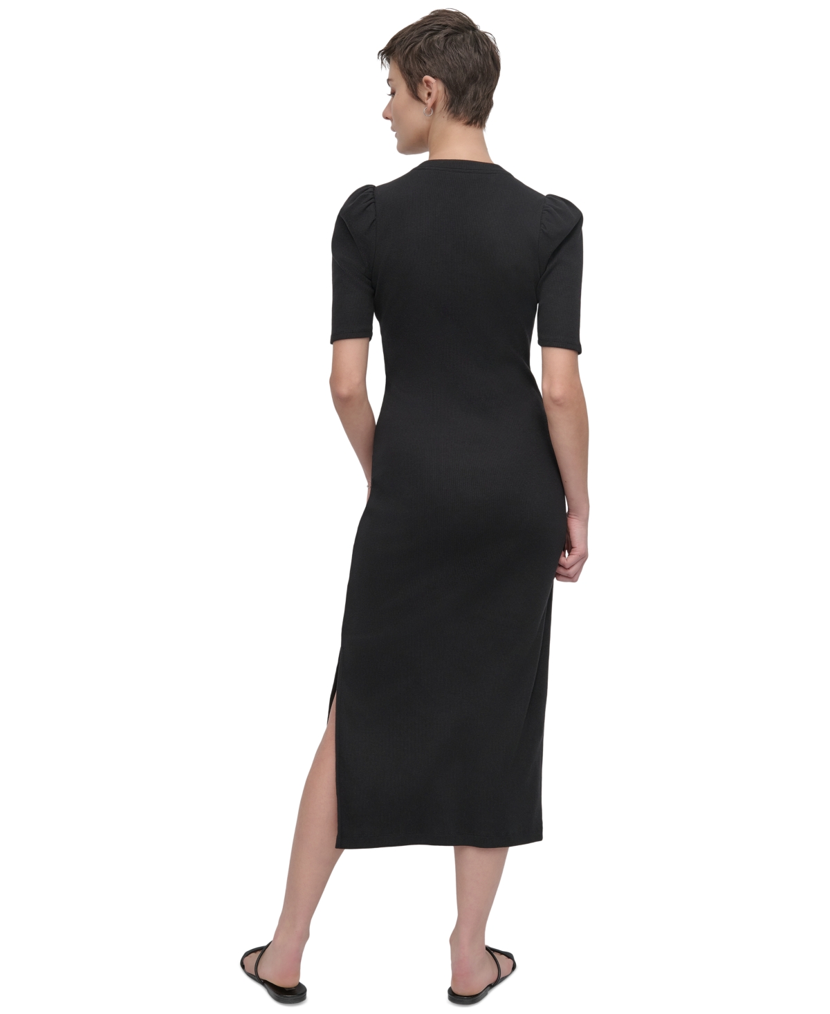 DKNY JEANS WOMEN'S PUFF-SLEEVE HENLEY MIDI DRESS 