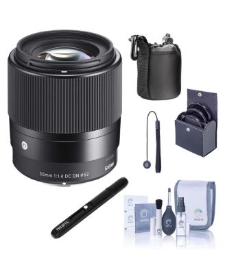30mm f/1.4 DC DN Contemporary Lens for Sony E, Bundle with 52mm Filter Kit, Lens Cap Tether, Lens Cleaner, Cleaning Kit, Pouch