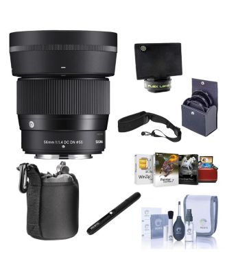 56mm f/1.4 DC DN Contemporary Lens for Fujifilm X, Bundle with 55mm Filter Kit, Flex Lens Shade, Lens Pouch, Lens Cleaner, Cleaning Kit, Mac Software Kit, NS-3 Sling Strap