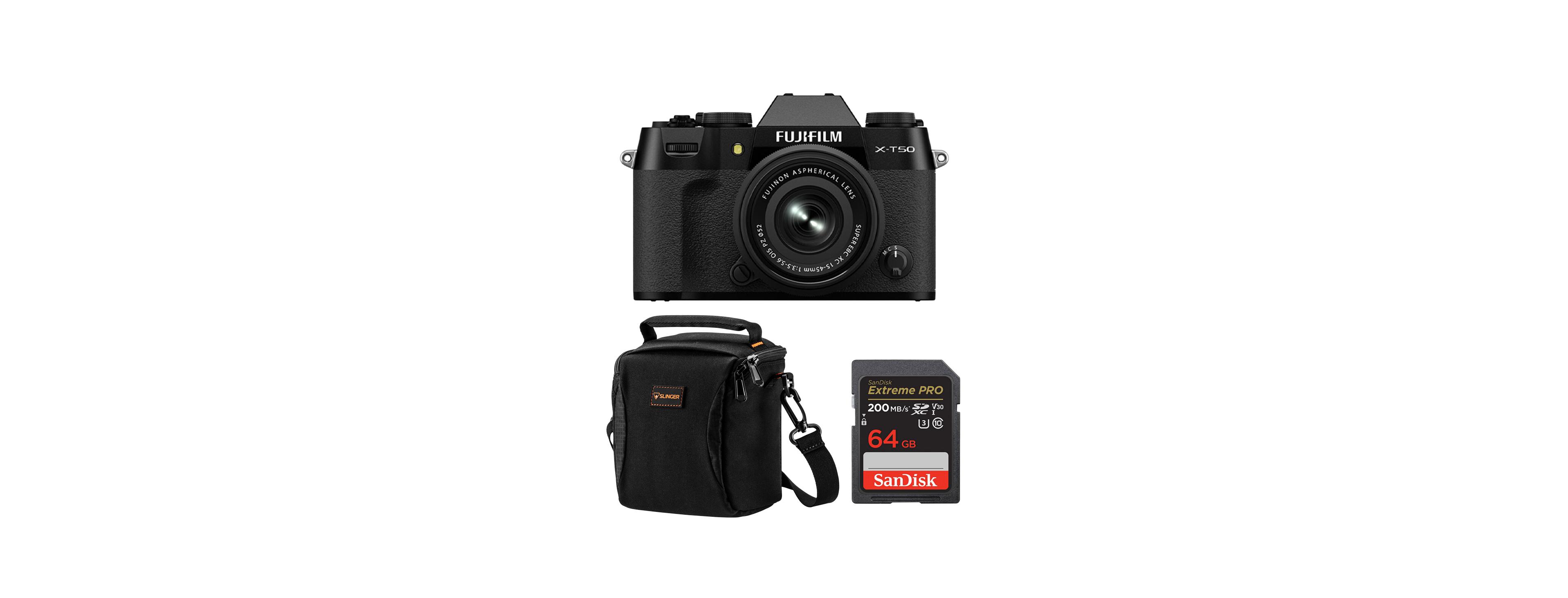 Fujifilm X-T50 Mirrorless Camera, Black with Xc 15-45mm f/3.5-5.6 Ois Pz Lens, Bundle with 64GB Sdxc Memory Card, Alpine 120 Shoulder Bag