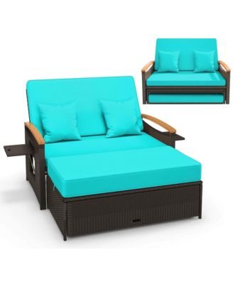Patio Rattan Daybed Set with Cushioned Loveseat & Storage Ottoman for Porch