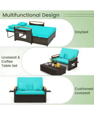 Patio Rattan Daybed Set with Cushioned Loveseat & Storage Ottoman for Porch