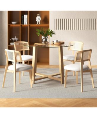 Round Glass Dining Table with Tempered Glass Tabletop and Rubber Wood Legs